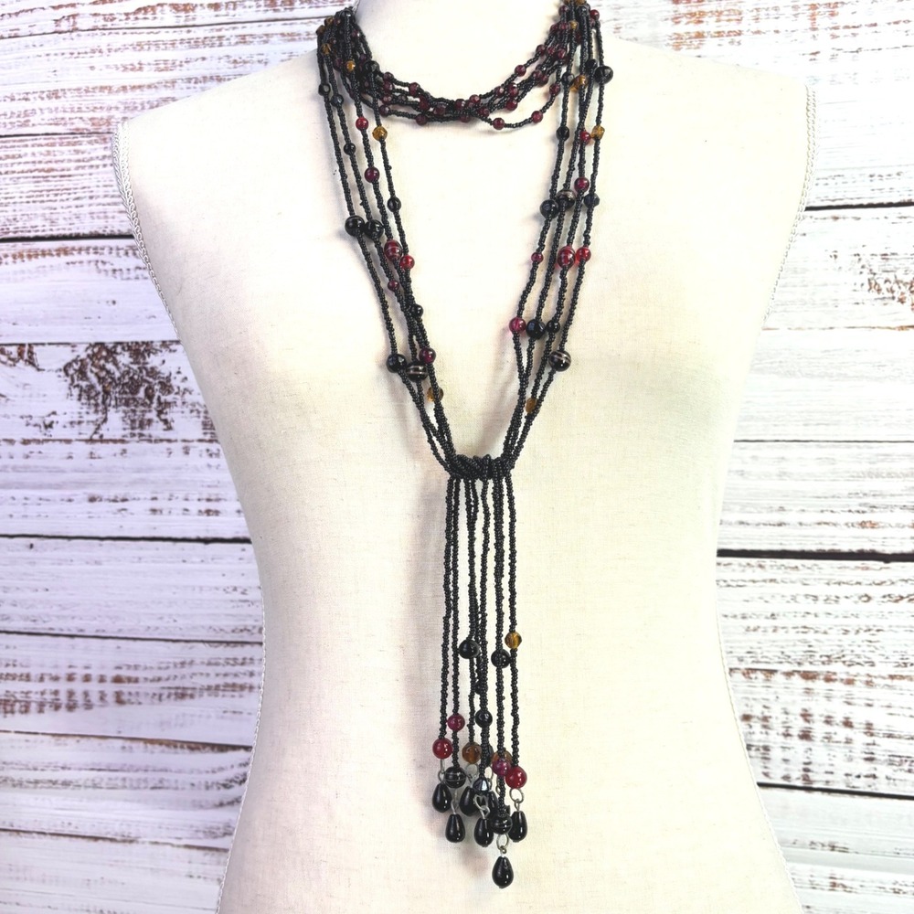 Vintage Multi Strand Beaded Lariat Necklace Set Black Red Glass Whimsigoth Boho